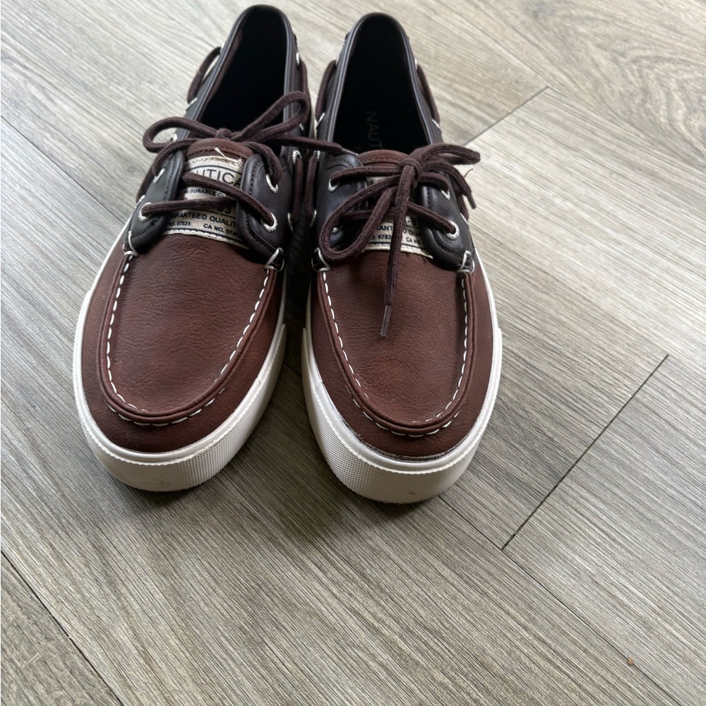 Nautica Brown Leather Boat Shoes with Moccasin Stitching